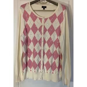 Talbots Pink and Cream Argyle Button Cardigan Sweater